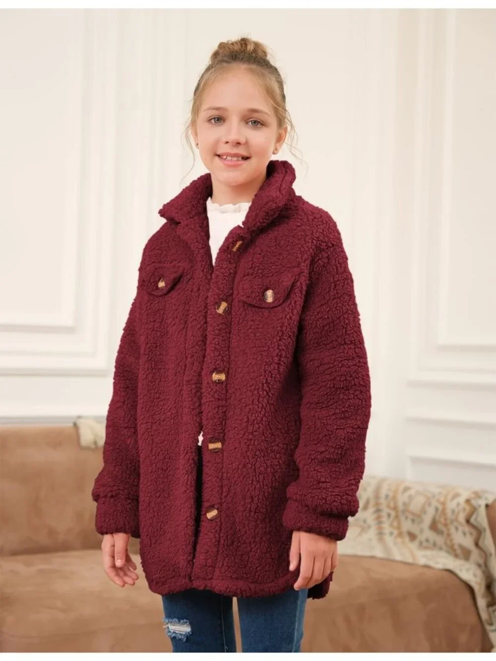 Kids Girl's Wine Red Polyester Casual Button Down Sherpa Faux Fur Fleece Jacket
